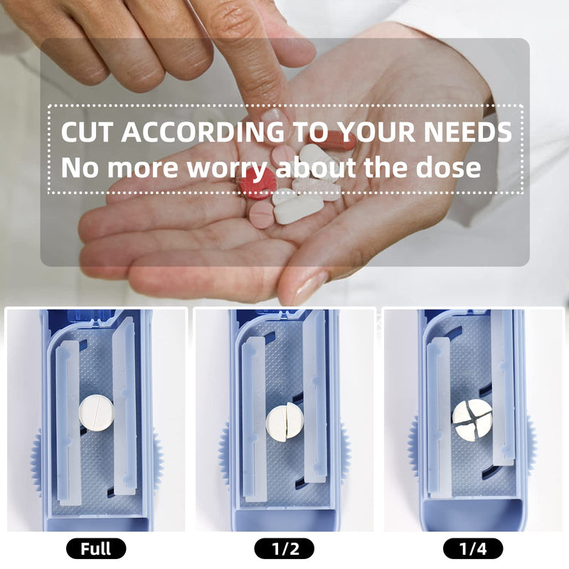 Multiple Pill Splitter, Adjustable Pill Cutter, Stainless Steel Cutting Blade & Blade Guard, with Accurate Pill Alignment, for Cutting Small Pills or Large Pills in Half (Blue) Blue