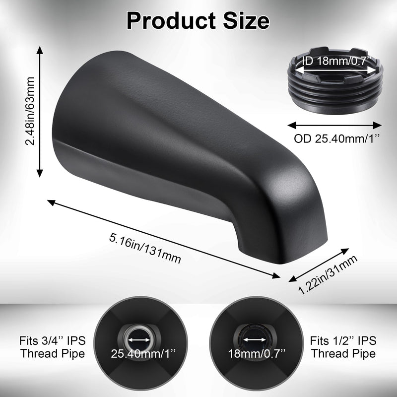 Dreyoo Universal Bath Tub Spout with Adapter Bathroom Bathtub Faucet Spout Without Diverter, Fits for 1/2'', 3/4'' IPS Inside Thread Connection and Tub/Shower Faucet Brands 5" Length(Matte Black) Matte Black