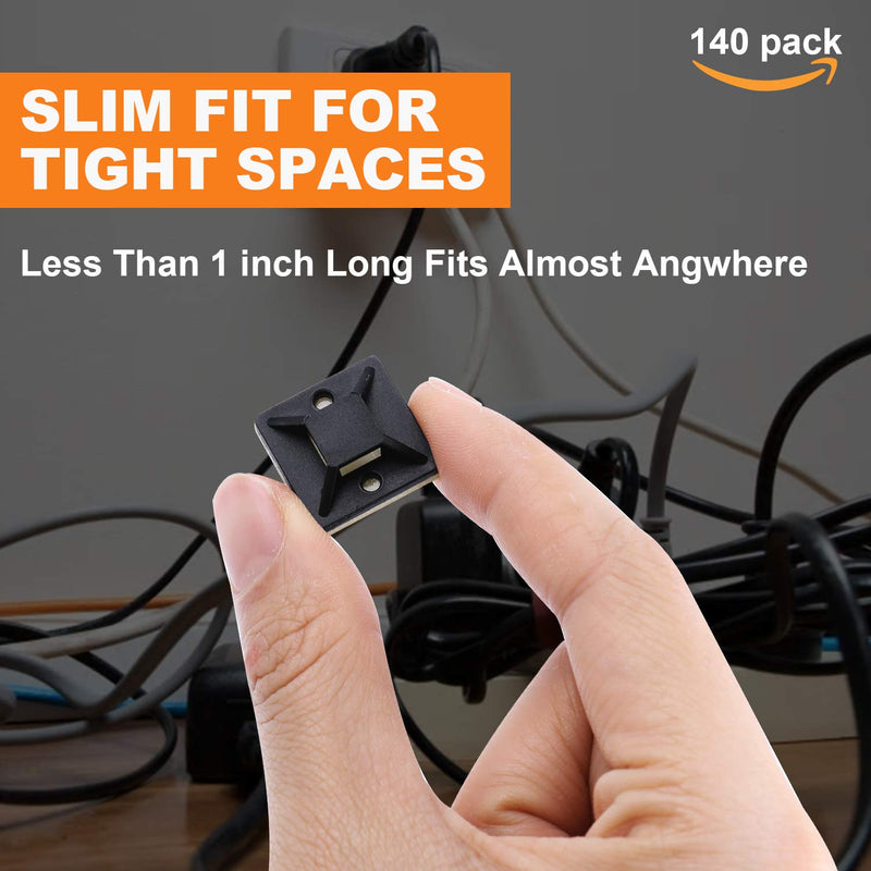 140 Pack 3/4" Zip Tie Adhesive Mounts Self Adhesive Cable Base Holders with Multi-Purpose Tie wire clips with screw hole,Anchor stick on wire holder,Black 140 Pack 3/4“ Black