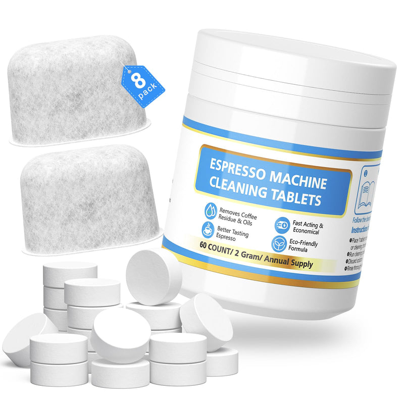 Cleaning Kit for Breville, 60 Cleaning Tablets and 8 Water Filters for Breville Espresso Machines - 2g Espresso Machine Tablets-16 Months Supply