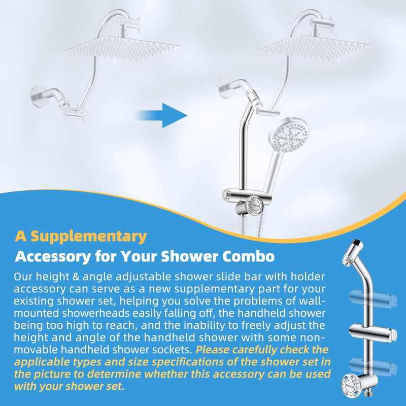 Hibbent All Metal Shower Diverter with Showerhead Holder, Easy Reach 4 Way Diverter with Pause Mode, 13.5" Stainless Steel Slide Bar, 4-Setting Replacement for Handheld & Fixed Shower, Chrome