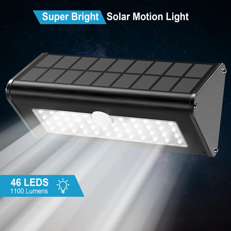 SECUROAD 1100 Lumens Solar Motion Sensor Lights Outdoor, IP65 Waterproof, 4500mAh Battery, Black Aluminum Metal Security Flood Wall Lights, 1 Pack, Daylight Black Aluminum Daylight