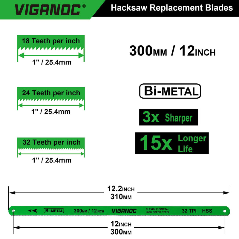 12" Hacksaw Replacement Blades Set, Bi-Metal High Speed Steel Hack Saw Blade Sets - 18T - 24T - 32T HSS Saw Blades, 3 Pack 3pc. Bi-metal blades set