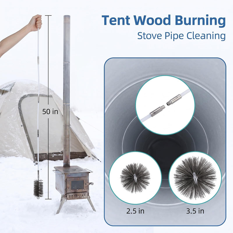 50-inch Long Tent Wood Burning Stove Pipe Cleaning Brush with Stainless Steel Bristles, and Chimney Cleaning Wire Brush with 4 Flexible Rods, 2.5'' Brushs Heads for Insulated Chimneys