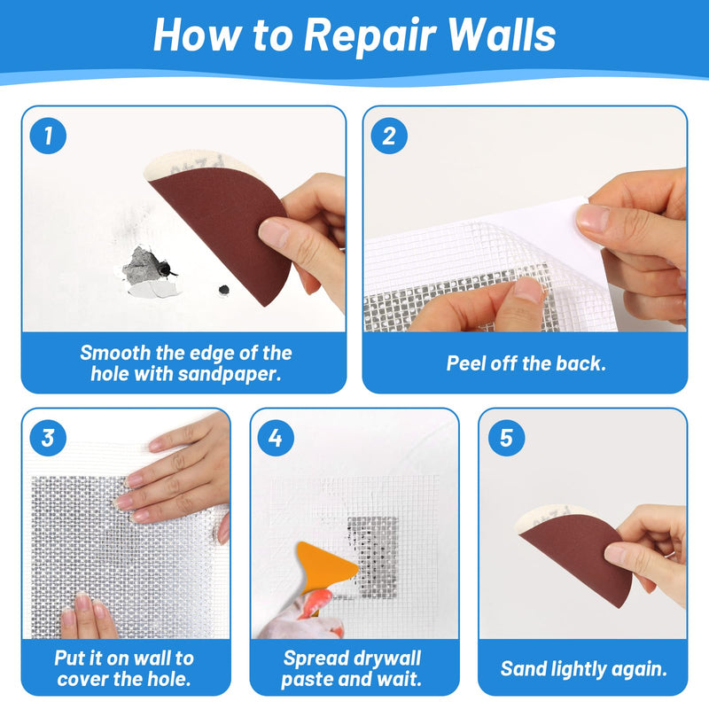 12 PCS 4/6/8 Inch Wall Repair Patch Kit, Aluminum Mesh Dry Wall Hole Repair Patch with Scraper Sandpapers Gloves Heavy Duty Wall Repair for Large Holes Quick Fixes 12 PCS 4/6/8inch Wall Repair Patch Kit