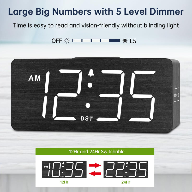 DreamSky Wooden Digital Alarm Clock with Wireless Charging for Bedroom, Bedside Nightstand Clock with Charger Station, USB Port, Large Numbers, Adjustable Volume, Brightness Dimmer, DST Black