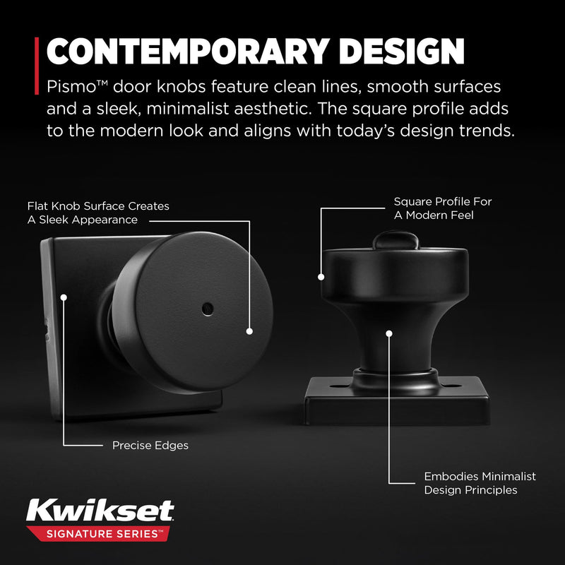 Kwikset Pismo Interior Privacy Door Knob with Lock, Door Handle For Bathroom and Bedroom, Matte Black Keyless Turn Lock Doorknob, with Microban Protection 1 Pack