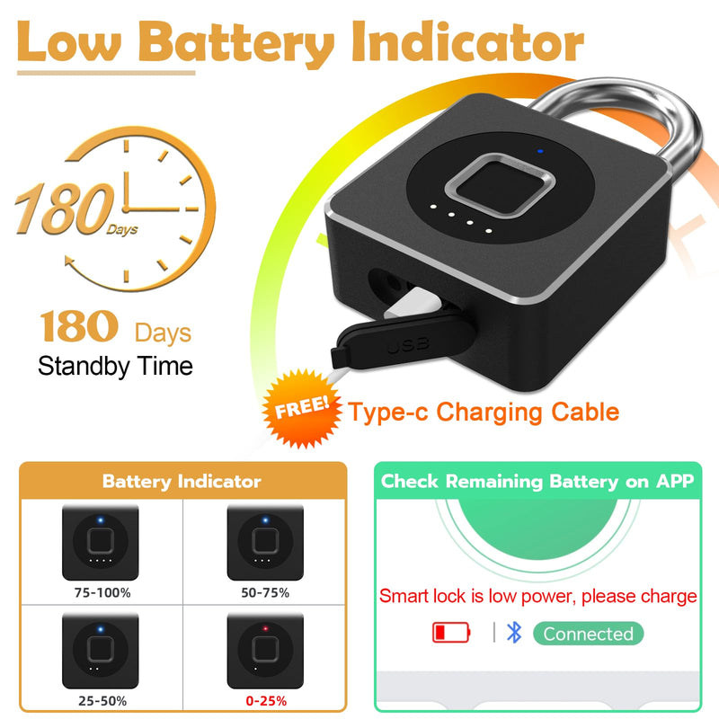 Pothunder Fingerprint Padlock, Fingerprint Lock with APP, Padlock with Keyless Biometric, Smart Padlock Waterproof Suitable for Gym, Locker, Gates, Fence and Storage Black