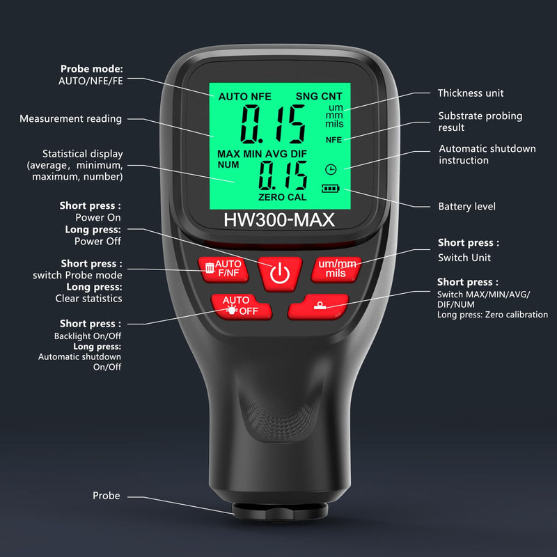 Thickness Industrial, 0-2000UM Paint Thickness, LCD Coating Thickness Meter, 3 Probe Modes, 3 Units Switching, for Steel, Metals, Plastic, Glass, PVC