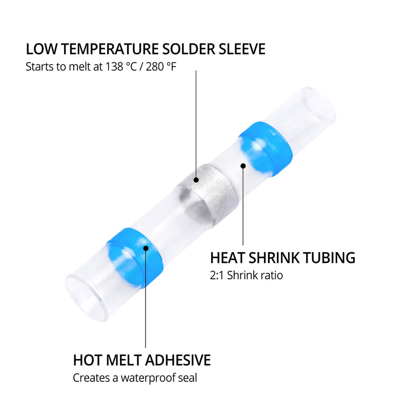 Wirefy 120 PCS Solder Seal Wire Connectors - Heat Shrink Solder Butt Connectors - Waterproof Solder Sleeves - Self Soldering Wire Connectors - Blue 16-14 AWG Blue - 1.5 - 2.5 mm²