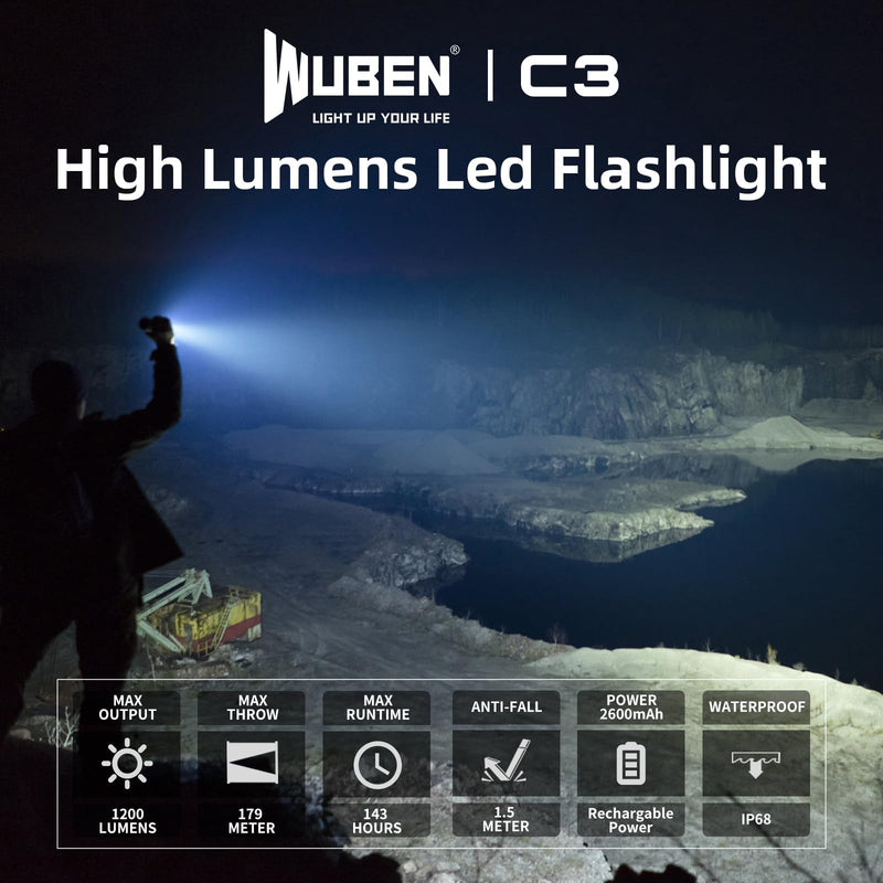 WUBEN C3 Rechargeable Flashlight 1200 High Lumens Super Bright, LED Tactical Flashlights, Powered EDC Flash Light IP68 Waterproof, 6 Light Modes for Camping, Emergency, Outdoor, Rescue, Inspection Gray