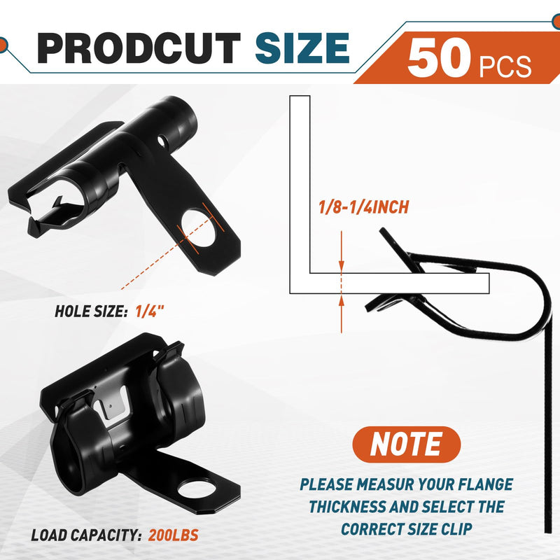 Hicarer 50 Pcs Hammer-On Flange Clip Side Mount 1/8-1/4 Inch Beam Clamp with Hole Cable Clip for Flanges Spring Steel Black