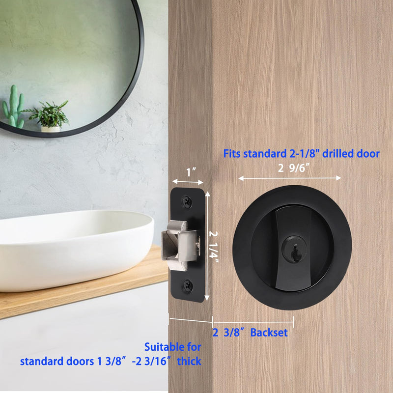 Dontay Pocket Door Keyed Lock, Round Contemporary Entrance Sliding Barn Door Lock Latch, Recessed 2 Sided, 2-3/8 inch Backset, Flush Handles Hardware(Matte Black,1) Matte Black 1