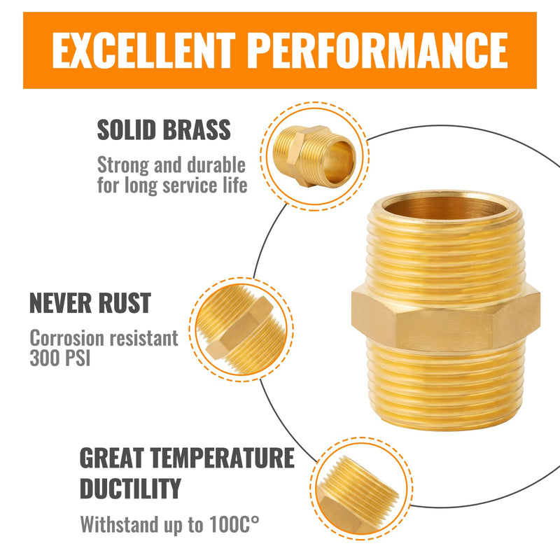 SUNGATOR Solid Brass Pipe Fitting, 1/2-Inch x 1/2-Inch NPT Male Pipe Hex Nipple, 1/2'' Male to 1/2'' Male Brass Pipe Extension Fitting, Brass Hex Nipple for Shower, Oil, Water Line,Spigot,Gas (2-Pack) 1/2" Male NPT-2 Pack