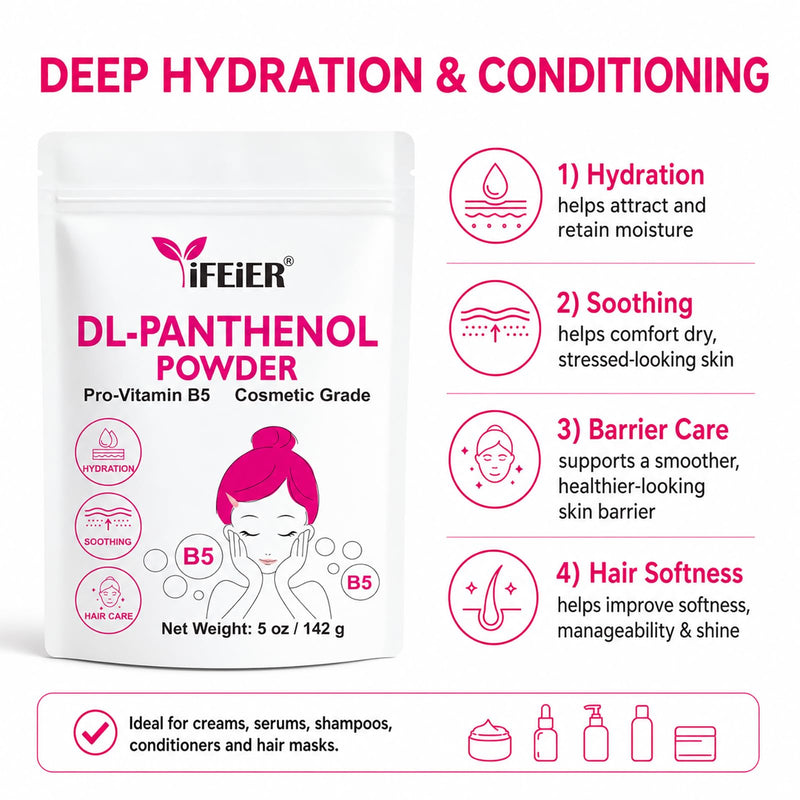 iFEiER Pure DL-Panthenol Powder 5oz (142g) Bulk Size– Cosmetic Grade, Water-Soluble B5 for Skin & Hair Care, Ingredient for DIY Creams, Shampoos & Lotions 5oz (142g)