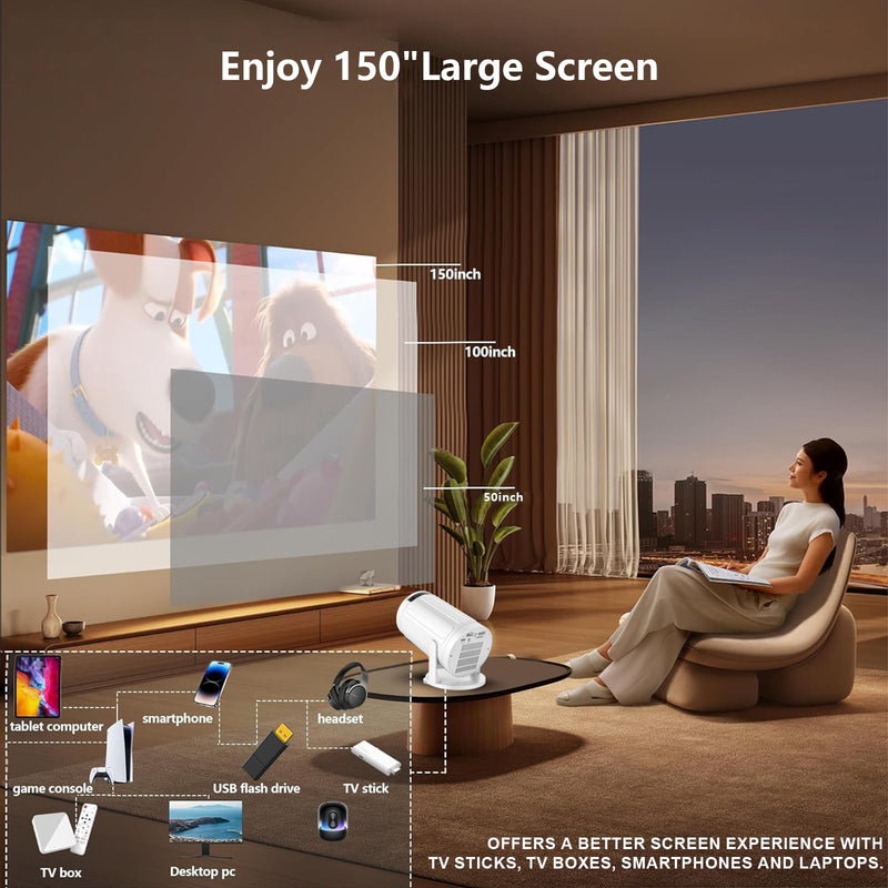 Mini Projector with WIFI, 4K Support Portable Projector 180° Rotatable.Full HD 1080P Outdoor Projector 17"-130" Screen Movie Projector. Compatible for Smartphone, Laptop, TV Stick,USB(No App) R8-White
