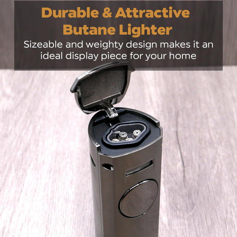 Hammersmith Howitzer Table Butane Torch Lighter for Cigars and Cigarettes, Refillable Lighters, Cigar Torch with Fold-Out Punch Cutter, Push-Button Ignition, & Flame Adjustment - Gunmetal