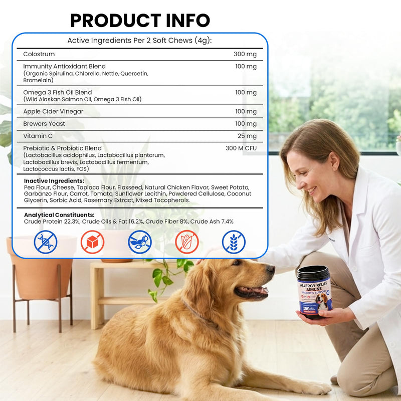 Dog Allergy Chews 200 Ct - Itch Relief for Dogs Immune Support with Colostrum Probiotics & Omega 3 - Seasonal Allergies Anti-Itch Skin & Coat Supplement, Itchy Skin & Paw Relief Bites - Chicken Flavor