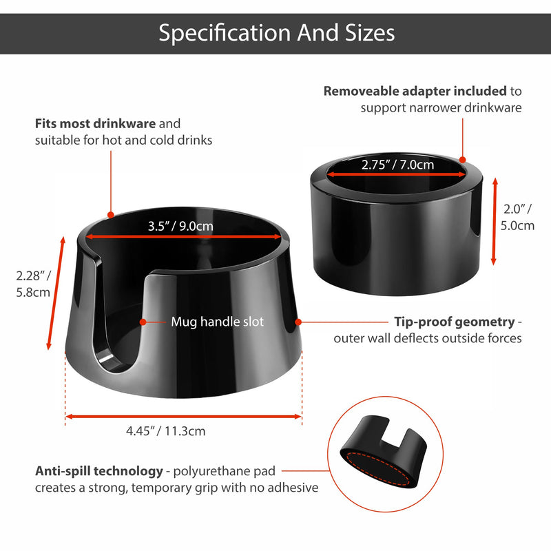 HIT PRODUCTS TableCoaster - Original Anti-Spill Table and Desk Cup Holder, Jet Black - RV and Boat Drink Holder, A Tip-Proof Coaster with Tacky Base and Walled Profile to Prevent Spilled Drinks