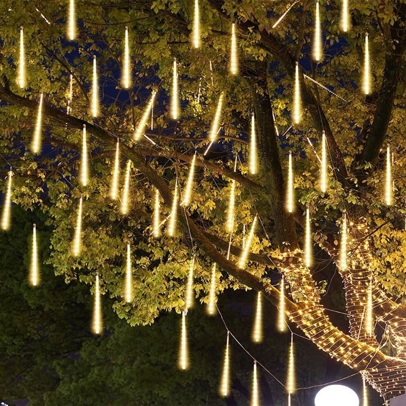 Brightown Solar Meteor Shower Lights Outdoor - 576 LED Rain Drop Lights with 16 Tubes, 16 Inches - Solar Powered Christmas Decorations for Tree Bushes Holiday Party Christmas Decor, Warm White 16Inch 16Tube 576LED