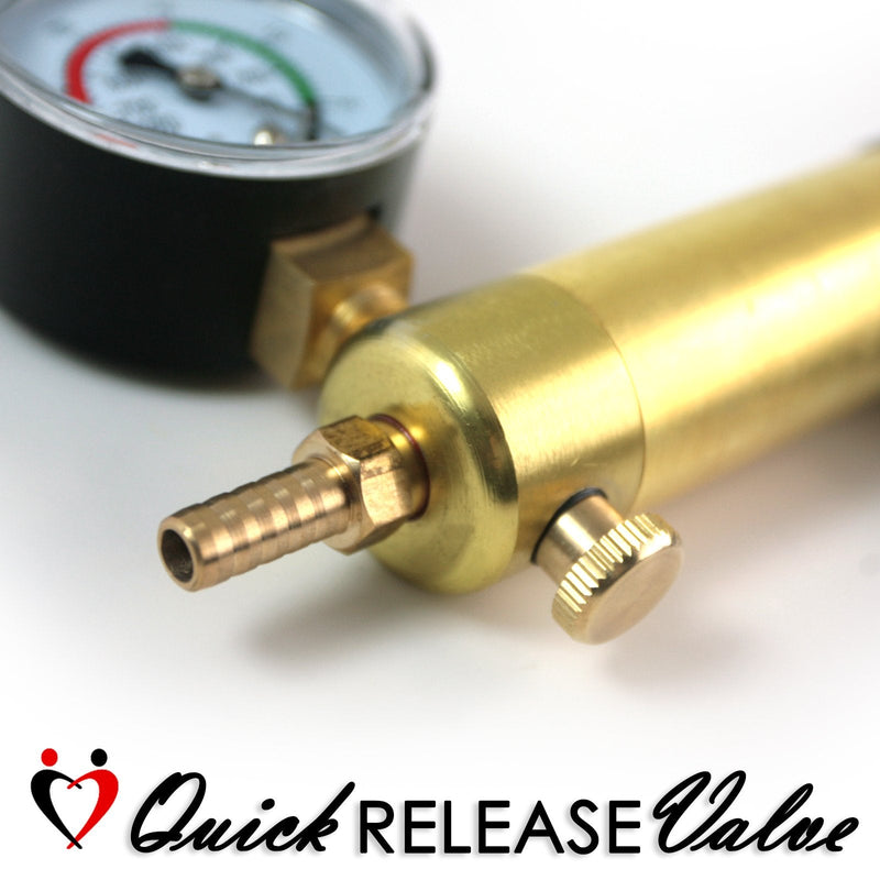 LeLuv Ultima Vacuum Pump Handle - Brass Chamber with Blue Padded Rubber Grips - Gauge Installed Brass + Black Metal