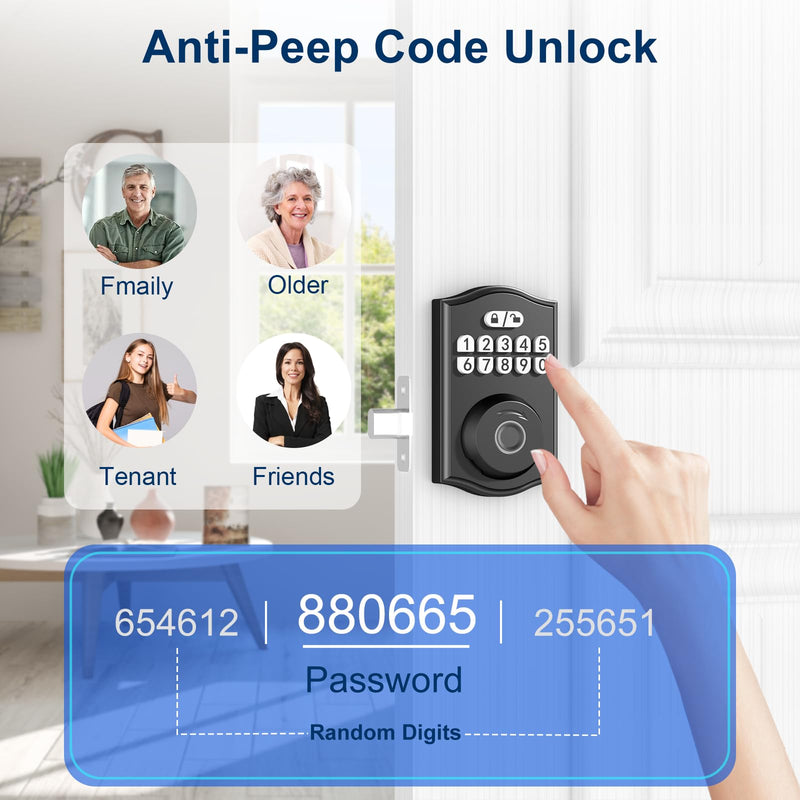 Smart Door Lock - Keyless Entry with Fingerprint/Bluetooth APP Control/Password, Auto Lock, One Time Code, Black