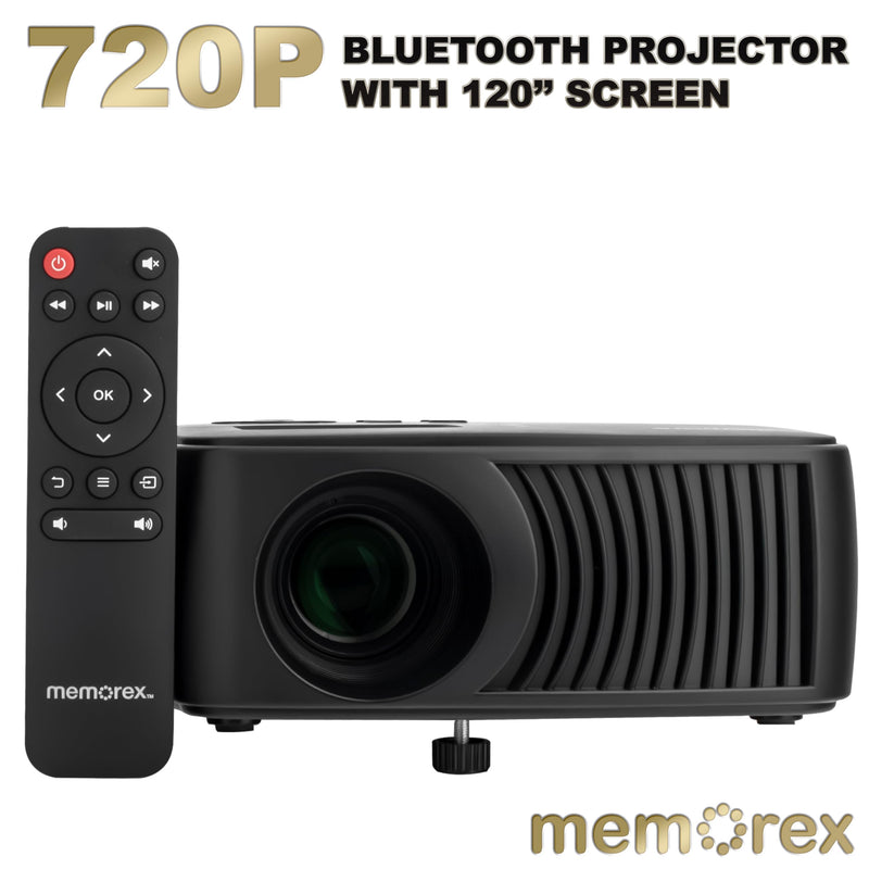 Memorex MX-PJS100 | Bluetooth Projector with 100” Screen | HDMI/USB/AV Inputs | 90 ANSI Lumens, Built-In Speaker, and Wireless Audio Streaming