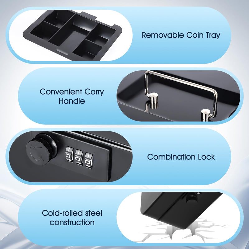 KYODOLED Cash Box with Combination Lock Safe Metal Money Box with Money Tray for Security Lock Box 7.87"x 6.30"x 3.35" Black Medium