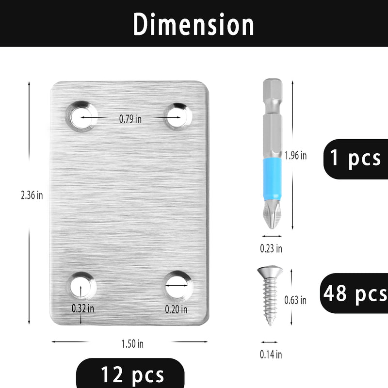 12 Pcs Mending Plate, 2.37 x 1.5 inch Stainless Steel Flat Plates with Holes, Straight Metal Mounting Braces Brackets Kit for Furniture, Wood Joint Connector and Fasteners (Silver) Silver