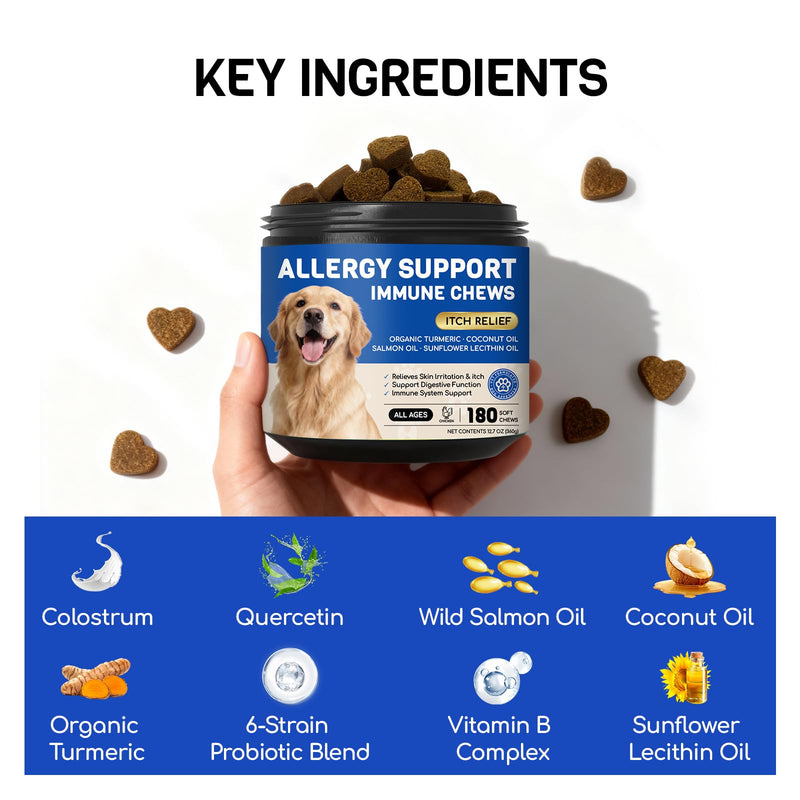 Dog Allergy Relief Chews - Dog Itching Skin Relief - 180 Chews - Anti-Itch, Hot Spots, Paw Licking - Immune Health - Omega 3 Fish Oil - Dry Itchy Skin and Coat Supplement