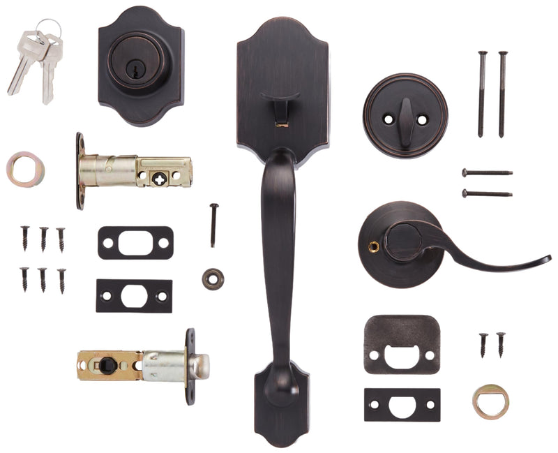 Amazon Basics Front Door Lock Set, Handleset with Shelby Lever, Level Door Handle, Exterior, Single Cylinder Packs, Oil Bronze, 1-Pack 1 Pack