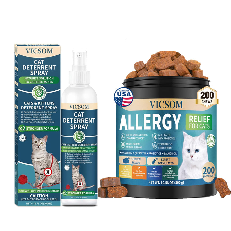VICSOM Cat Allergy Relief Chews & Cat Deterrent Spray Bundle -200 Count Soft Chews + 6.760zNatural Cat Scratch Deterrent Spray for Skin Comfort & Furniture Protection
