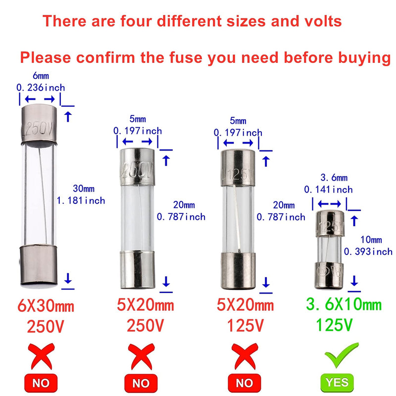BOJACK F3AL125V 3.6x10 mm 3A 125V fuses 0.14x0.39 Inch 3 amp 125 Volt Fast-Blow Glass Fuses (Pack of 10)