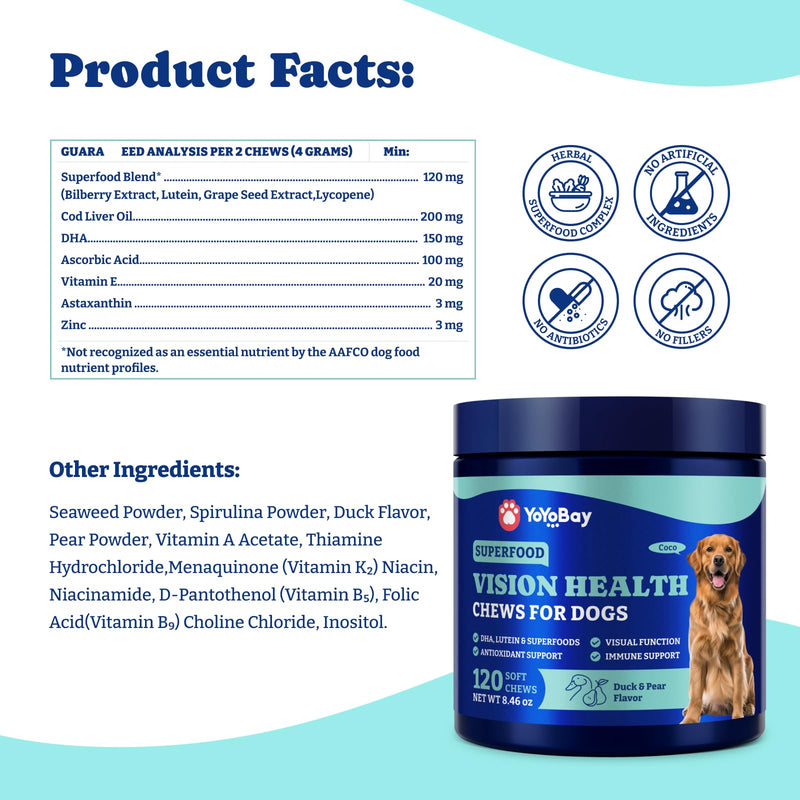 Eye Supplement for Dogs - 120 Soft Chews Dog Vision Supplement with Cod Liver Oil, Antioxidants & Omega 3 Fatty Acids - Eye Vitamins for Dogs - Duck & Pear Flavor blue-tear stain