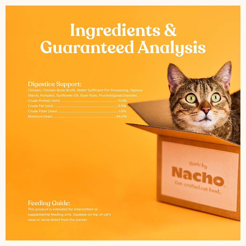 Made by Nacho Digestive Mousse Sachets, Lickable Cat Treats, 12 Count with Bone Broth, 0.5 oz, No Grains, Corn, Wheat or Soy Chicken and Pumpkin 0.04 Fl Oz (Pack of 12)