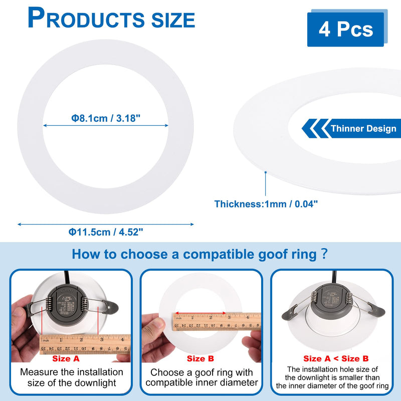 PATIKIL Goof Rings Inner Diameter 3.18", Outer Diameter 4.52", 4 Pcs Metal Goof Rings Cover Recessed Light Trim for Ceiling Wall Fixtures Can Lighting Down Light LED, Matte Finish White 3.18" ID x 4.52" OD
