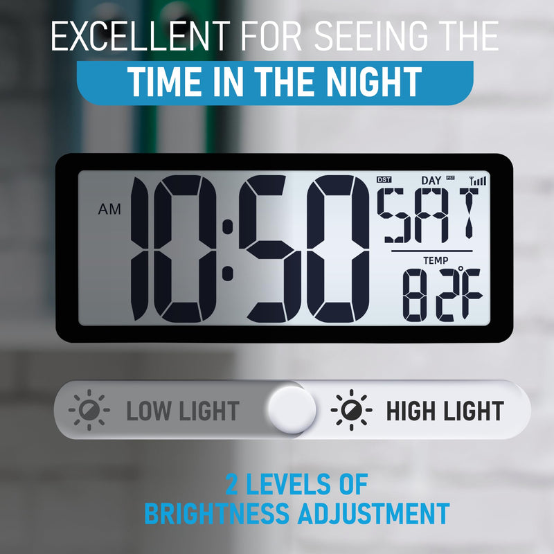 TXL Atomic Clock with Backlight, 14.2" Large Digital Wall Clock Battery Operated, Digital Clock Large Display with Day, Date & Temperature, Large Wall Clock for Bedroom, Livingroom, Office Black Atomic Backlight-14.2in
