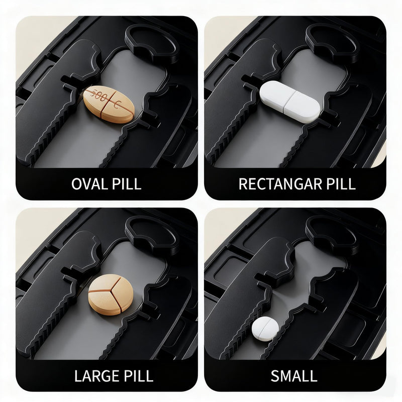 Pill Cutter Splitter for Small and Tiny Pills - Pill Cutter 1/4 - Accurately Cuts Multiple Pills - Easy Open Snap Button. Detachable Nonslip V-Shaped Pad. Wrap-Around Blade Guard. Back Storage (Black) Black