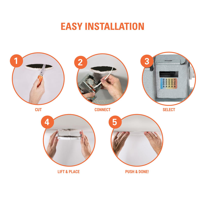 HALO HLBPH 6 inch Canless Recessed Downlight w/Remote Driver/Junction Box Integrated LED Kit Selectable 2700K, 3000K, 3500K, 4000K, 5000K CCT New Construction 6 inch White 5CCT
