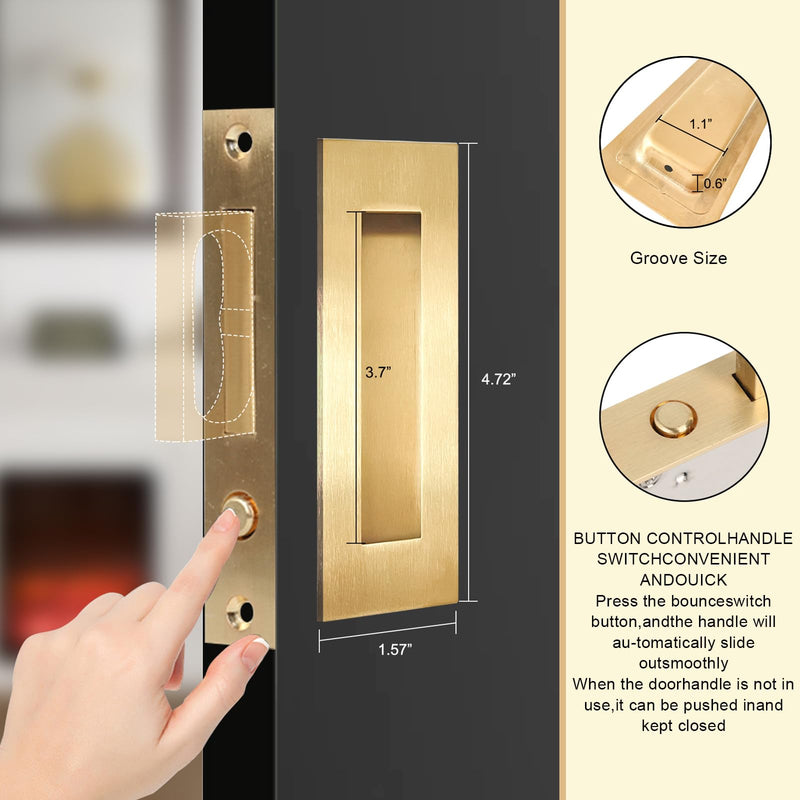 Pocket Door Hardware,Recessed Finger Flush Pulls with Edge Pull,Sliding Pocket Door Handles,Heavy Duty Edge Pull with Pop Out Ring Pull (Gold, 4.72Inch) 4.72inch-Gold