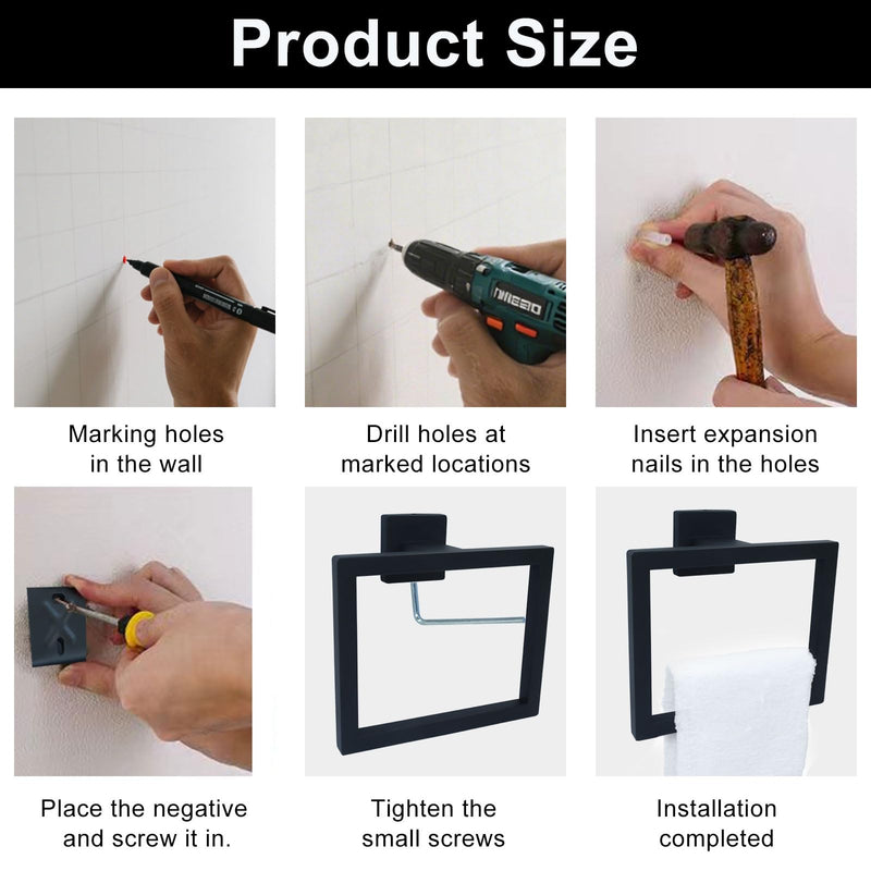 Matte Black Towel Ring, 2 Pcs | Premium Stainless Steel, Sleek Square Design, Durable Wall-Mounted, Contemporary Bathroom