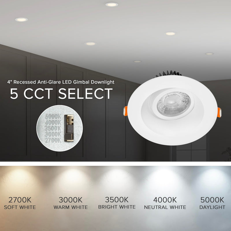 Maxxima 4" Anti-Glare LED Gimbal Downlight, 1100 Lumens, 5 CCT, White Trim | Adjustable Color Selectable 2700K/3000K/3500K/4000K/5000K, 360° Rotation, Dimmable Recessed Fixture, 90 CRI, J-Box Included