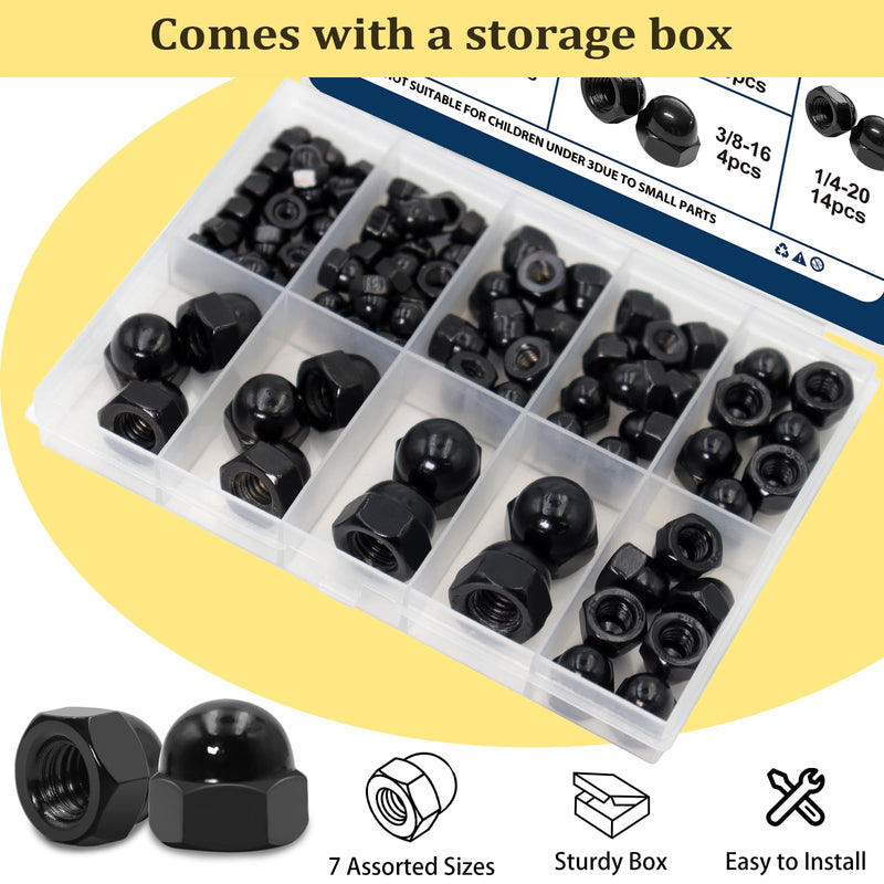 SAE Black Stainless Steel Acorn Nuts Assortment Kit (80Pcs), 6#32 8#32 10#24 10#32 1/4"-20 5/16"-18 3/8"-16 UNC Black SS Cap Nuts Sets, Black Nut Caps, Dome Head Black Acorn Cap Nut 80PCS,304 Black Stainless Steel 304 Stainless