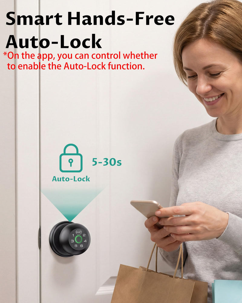 Smart Door Knob Fingerprint Door Lock with Keypad, Biometric Door Knob with APP, Keyless Entry Door Lock with Handle for Home Office Apartment Hotel Garage (Black)
