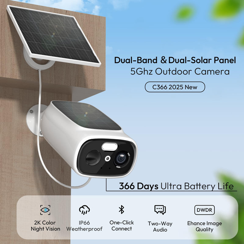 ELECCTV 2K Solar Camera Outdoor Wireless, 2.4/5 Ghz WiFi Cameras for Home Security,130°-Wide View,Color Night Vision, IP65 Waterproof,2-Way Audio,Cloud/SD, Support Alexa C366SP-W-1PC