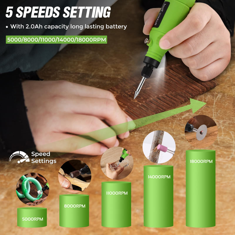Rotary Tool | 3.7V Cordless Rotary Tool Kit, 2.0Ah Li-ion Battery 68PCS Accessories Power Rotary Tools, 5 Variable Speed Mini Rotary Tool Cordless Ideal for Light DIY Projects and Precision Work Green