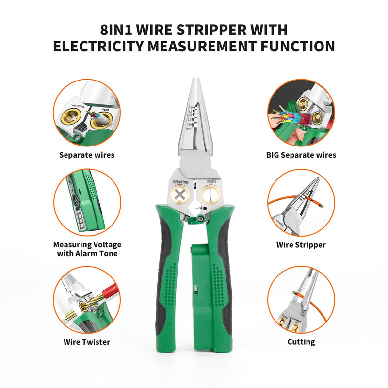 GADO 8in1 Wire Stripper Twister for Cutting and Pulling Wires, Cable Scissors,Voltage Tester Pliers, 12V to 250V Live,Null,Hot Wire Judgment AC DC, Audible and Flashing LED Alarms Green