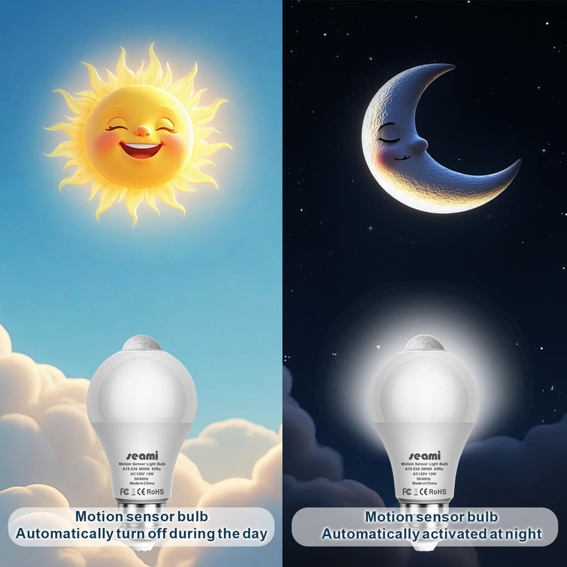 Motion Sensor Light Bulb, Indoor Motion Activation Detector Light Bulb, Dusk to Dawn Security Night Light A19 E26 13W Equivalent 100W 3000K Warm White, 5 Packs (A19PIRX301) A19PIRX301