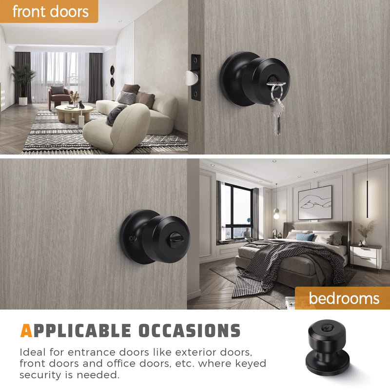 KNOBWELL 3 Pack Entry Door Knob with Lock and Keys, Keyed Alike Exterior Door Knobs in Matte Black Finish