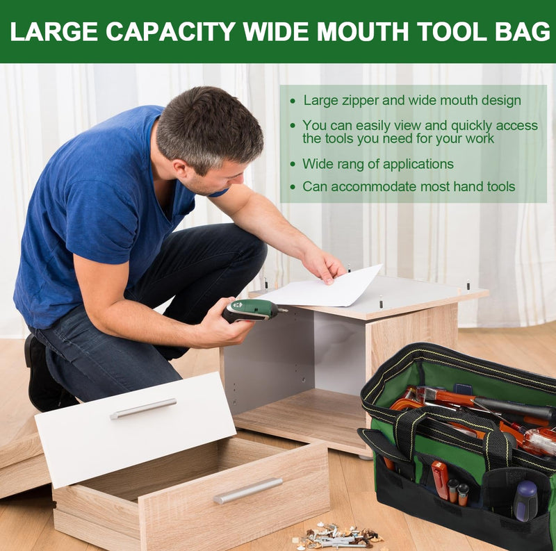 Rugged 16-Inch Wide Mouth Tool Bag for Professionals, Waterproof and Durable. Great for Construction Electricians Carpentry and DIY Enthusiasts, Green
